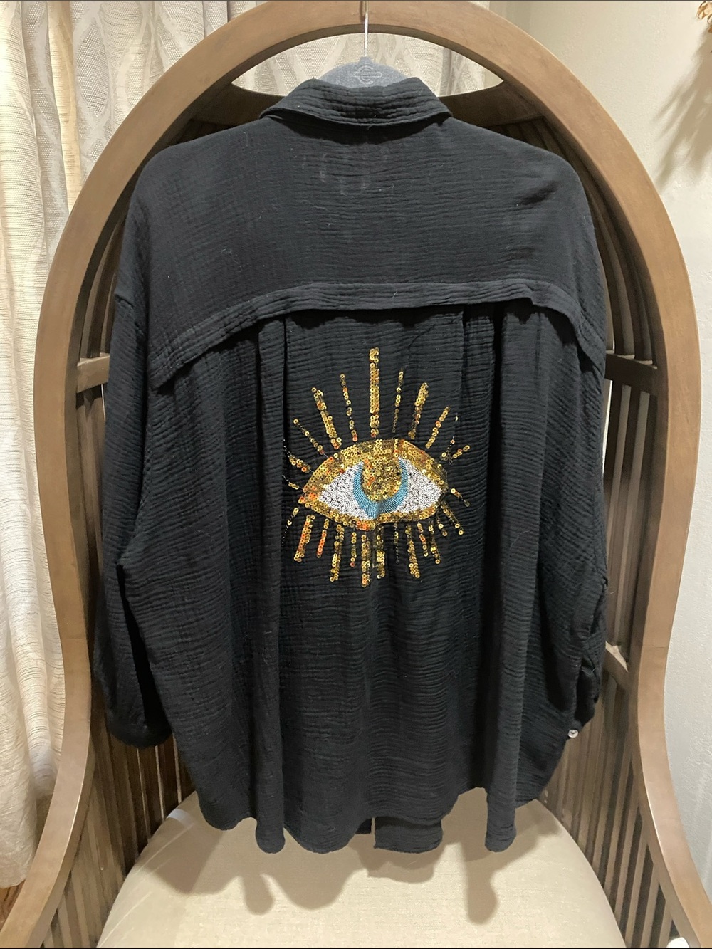 Relaxed Black Button-Front Tunic Top with Sequined Evil Eye back